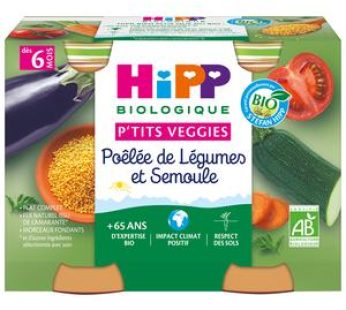 Hipp – P’tits Veggies Poêlée de Légumes et Semoule Bio Pot Bébé Dès 6 mois, 2x190g