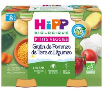 Hipp – P’tits Veggies Gratin de pomme de terre et Légumes Bio Pot Bébé Dès 8 mois, 2x190g