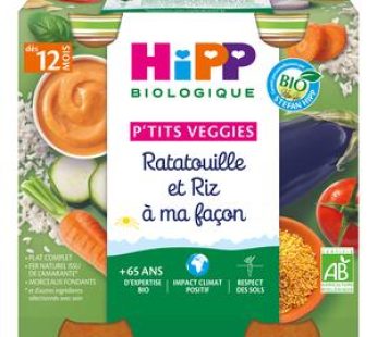 Hipp – P’tits Veggies Ratatouille et Riz à ma façon Bio Pot Bébé Dès 12 mois, 2x250g